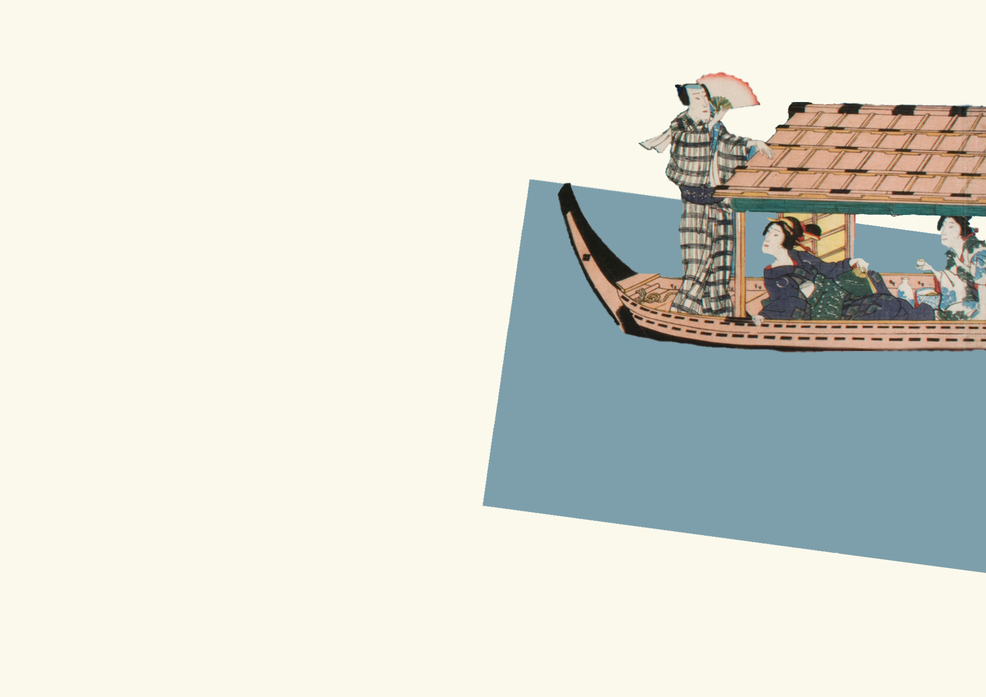 Kolaż złożony z prostego niebieskiego czworokąta i wycinka tradycyjnego japońskiego drzeworytu. Drzeworyt przedstawia drewnianą łódź z trzema osobami, czyli mężczyzną i dwiema kobietami na pokładzie, pogrążonych w rozmowie przy kieliszku sake.